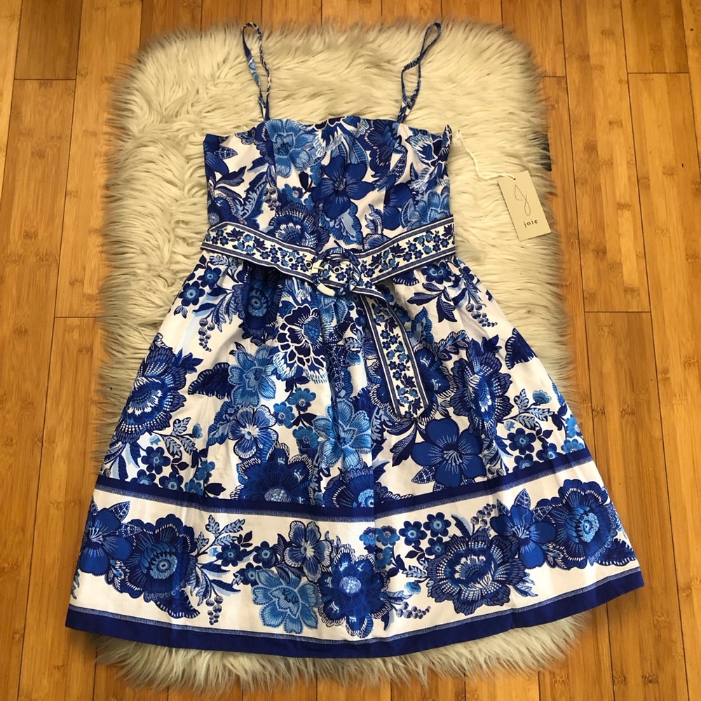 Joie Floral Spaghetti Strap Belted Smocked Back Blue White Mini Dress size 6 NWT
